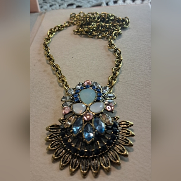 Vintage Bronze Tone Aqua Pink Blue Statement Necklace 28"L - Picture 2 of 5